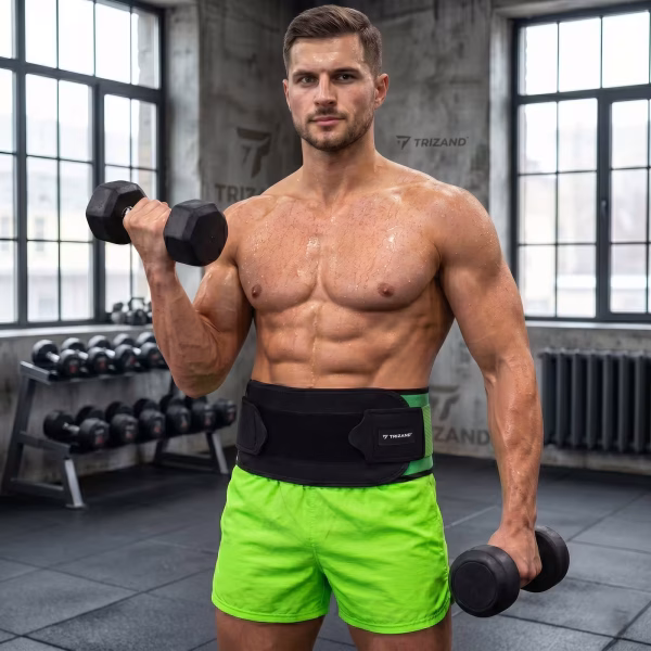 Egy férfi súlyzós edzéseket végez miközben viseli a Trizand alakformáló övet