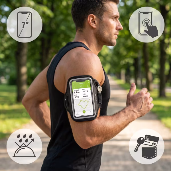 Egy férfi fut a természetben miközben a Trizand karpántos telefontokot viseli