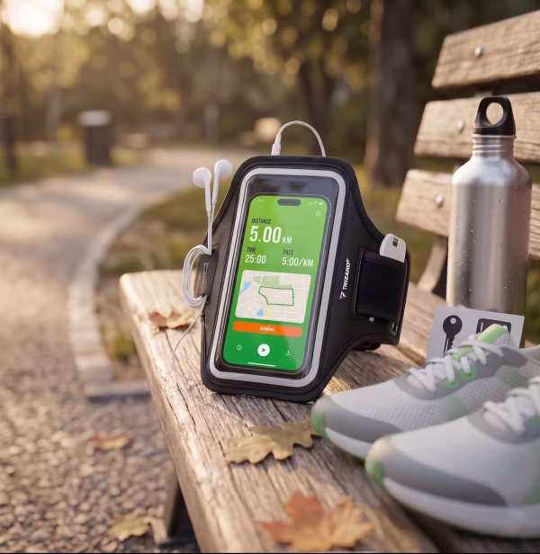 A karpántos telefontok természetes környezetben egy padon, kulacs és futócipő társaságában