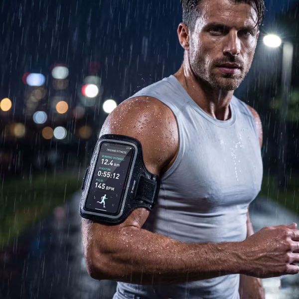 Egy férfi fut az esőben mialatt a Trizand karpántos telefontokot viseli