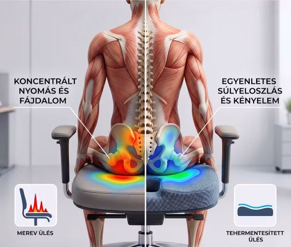 Egy hagyományos ülőfelület, valamint az ergonomikus ülőpárna közötti különbség prezentálása