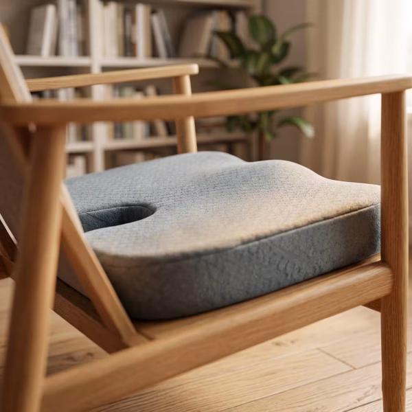 Egy natúr színű fa szék, amelyen az ergonomikus ülőpárna került elhelyezésre