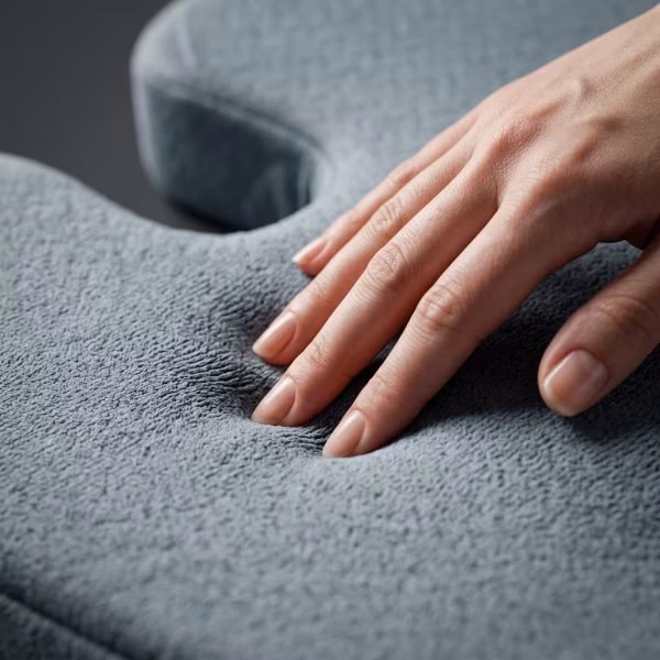 Egy női kéz lágy nyomással prezentálja az ergonomikus ülőpárna anyagának puhaságát