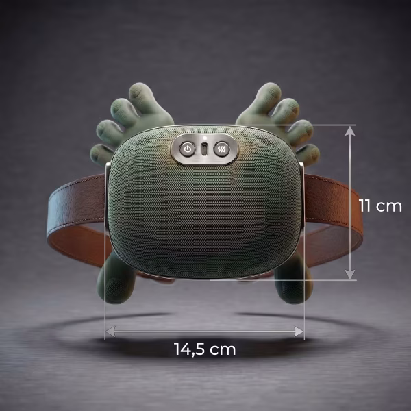 A biomimetikus technológiával felruházott 4D nyakmasszírozó pontos fizikai méretei grafikusan ábrázolva: 14,5 cm szélesség és 11 cm magasság