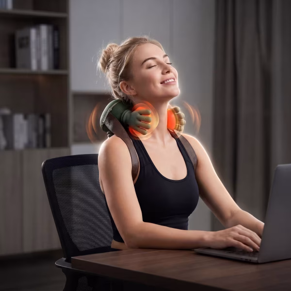 Laptop előtt dolgozó mosolygós nő élvezi a 4D nyakmasszírozó (Massage FH-670) biomimetikus technológiáját és a fűtő funkciót