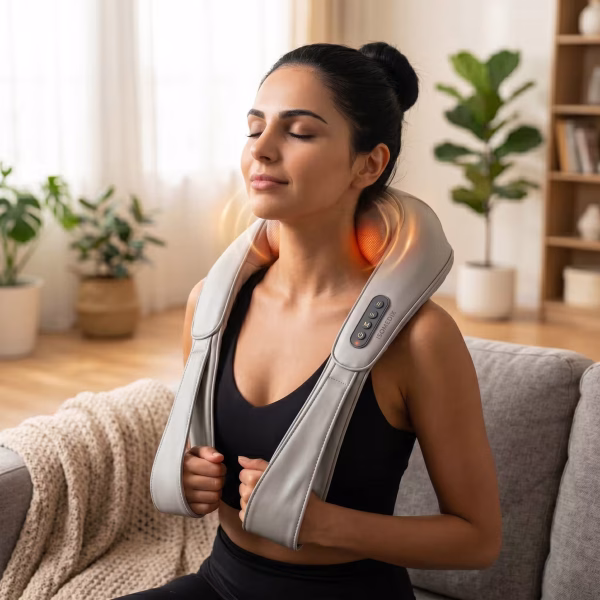 Nappaliban, kanapén ülő sötét hajú nő relaxál, miközben a nyakát masszírozza és melegíti az Isomedix nyakmasszírozó készülékkel