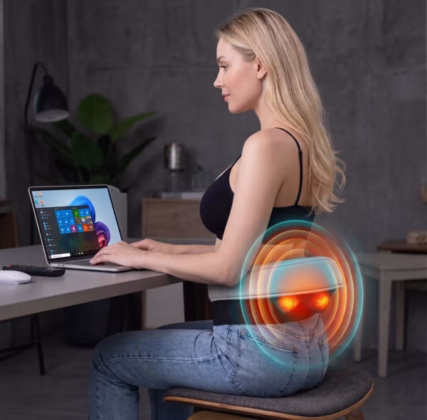 Egy laptop előtt ülő szőke nő a derekát masszírozza a vezeték nélküli nyakmasszírozó készülékkel