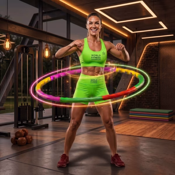 Egy fitness világbajnok nő tornázik a masszírozó hullahopp karika segítségével