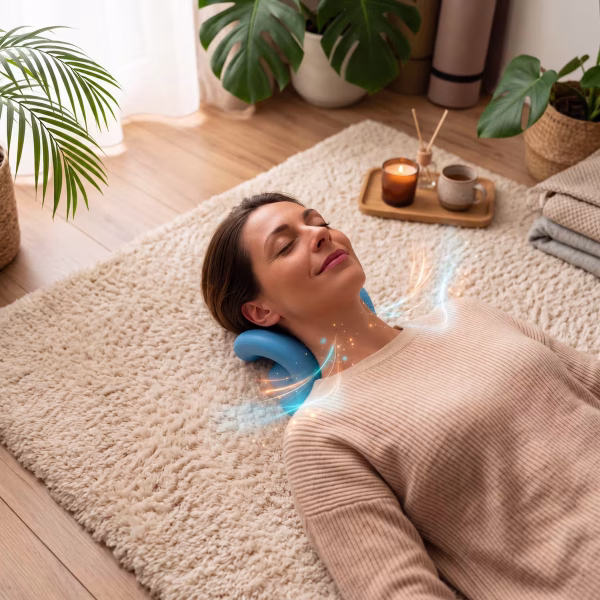 Relaxáló, csukott szemű nő, aki pihentető környezetben élvezi a nyaknyújtó párna előnyeit