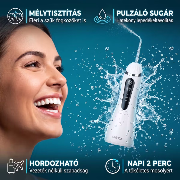 A Mexx szájzuhany teljes egészében egy mosolygó nő és a készülék fontosabb tulajdonságainak körében