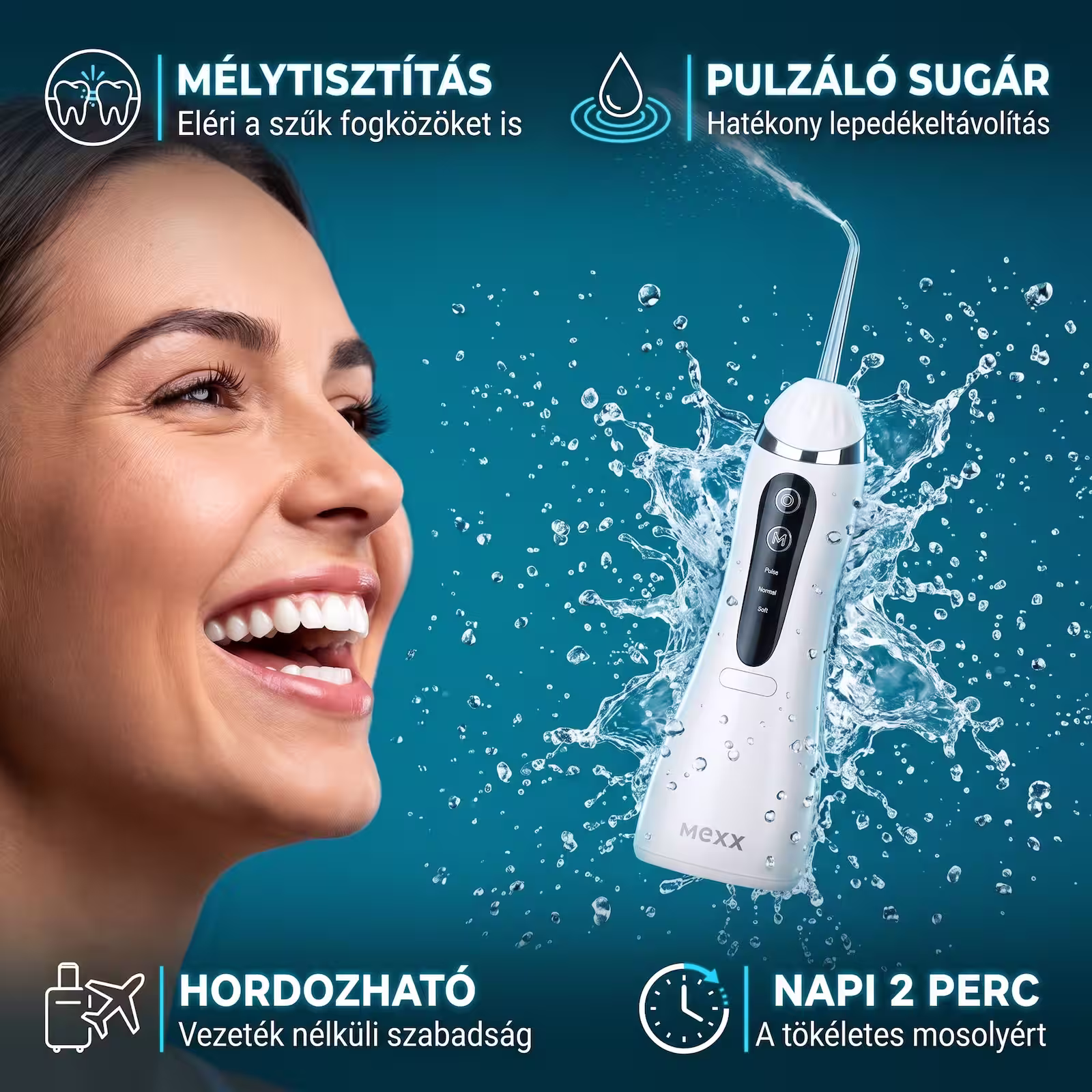 A Mexx szájzuhany teljes egészében egy mosolygó nő és a készülék fontosabb tulajdonságainak körében