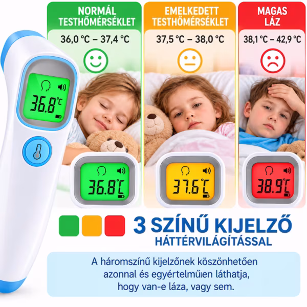 A testhőmérő három színben világító, intelligens kijelzője használat közben